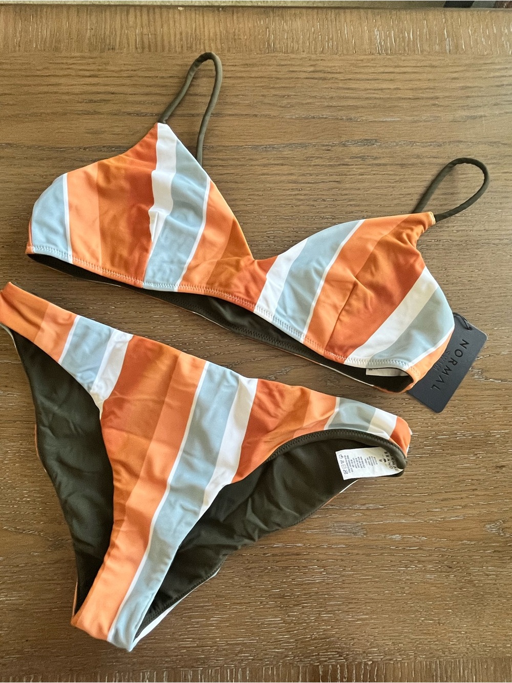 The Normal Brand Orange, White & Olive Striped Bikini Set Size Bottom M Top L